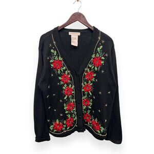 Vintage Victoria Jones Pointsettia Cardigan Sweater Size Large